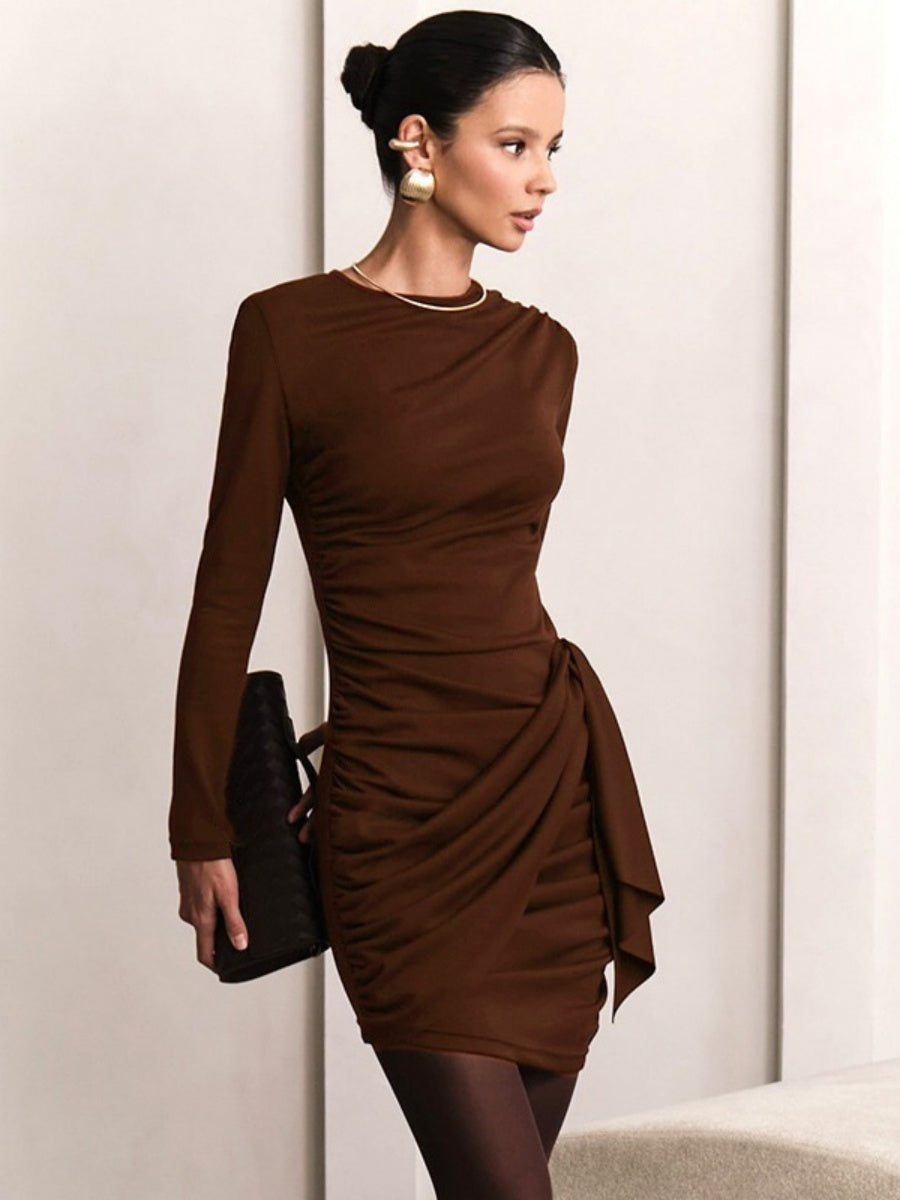 Long-sleeved Ribbon Slim Fit Pleated Workplace Grace Cocktail Party Mini&Short Dresses