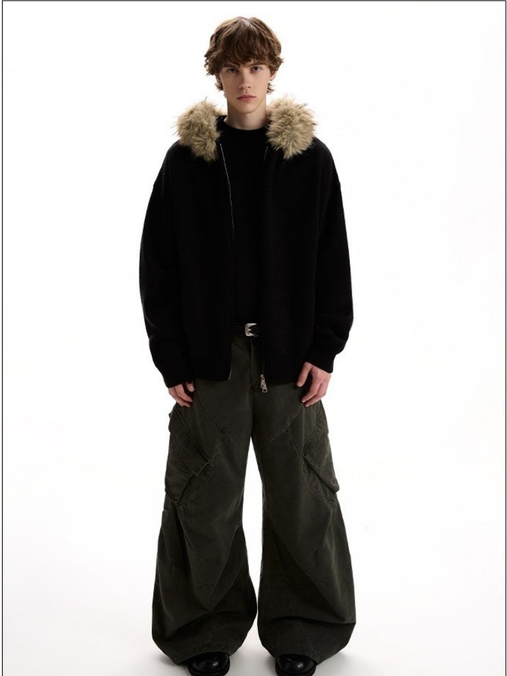 Fur Collar Hooded Knitting Cardigan Coat