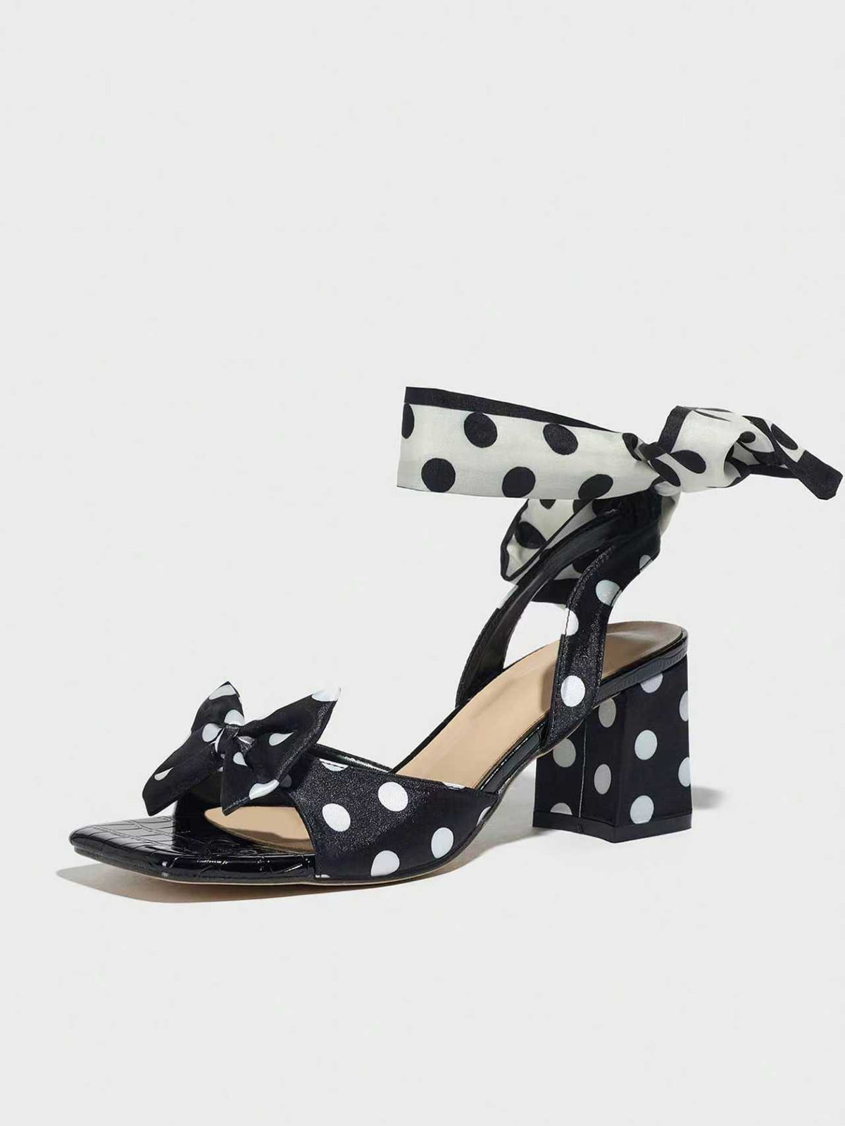 Black And White Polka Dot Bow Strap High-heeled Sandals