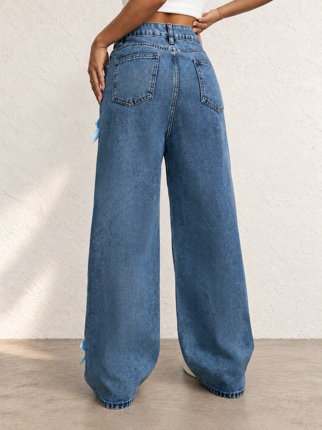 Women's Autumn/Winter High-Waisted Wide-Leg Jeans With Bow Decoration