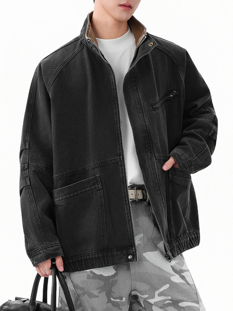 Retro Washing Stand Collar Zipper Workwear Denim Jacket