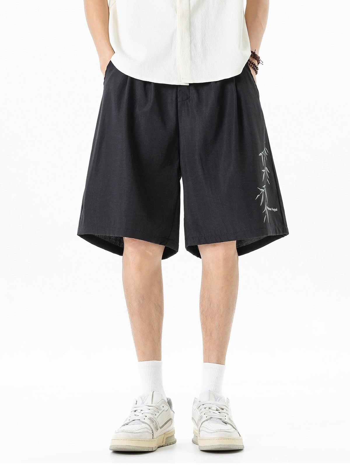 Imitation Linen Texture Printed New Chinese Style Five Points Shorts