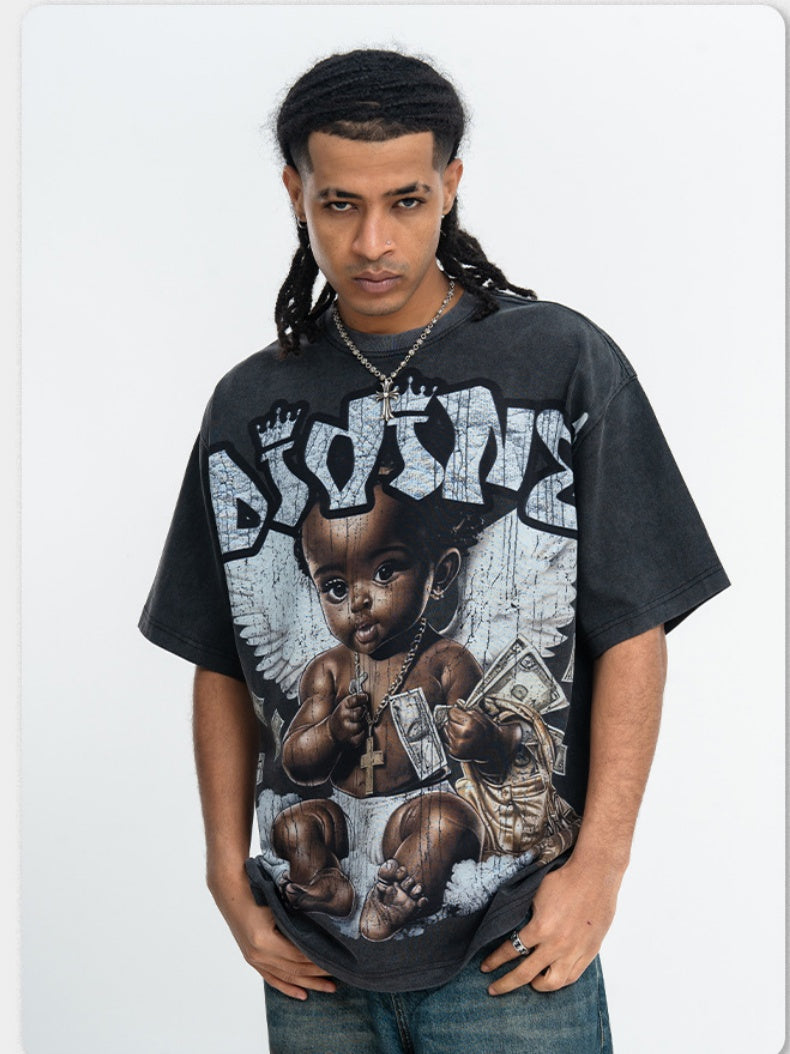 Washing Water Retro Angel Child Printed Loose-fit T-shirts