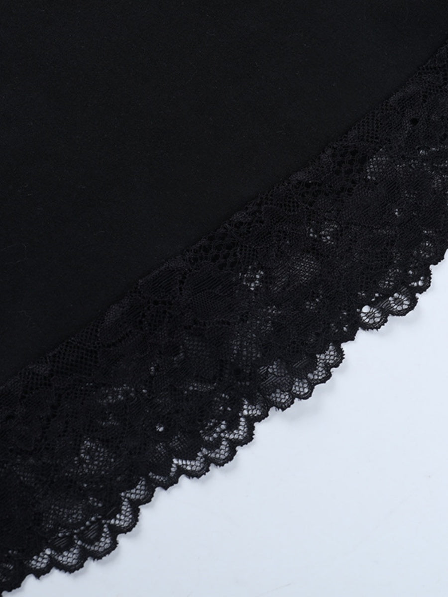 Off-the-shoulder Lace Trim Long Sleeve Black Daily Casual T-shirt