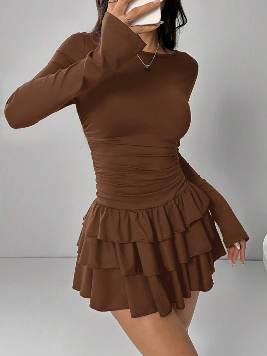 Round Neck Slim Fit Multi-layer Ruffles Party Cocktail Short Dress