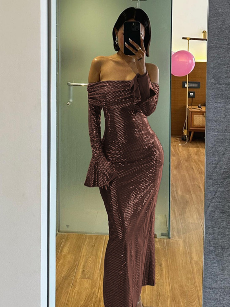 One-shoulder Glitter Long Sleeve Hip-length Dress
