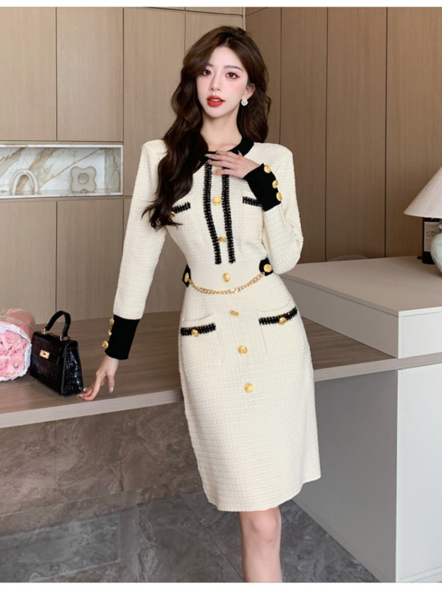 Elegant And Sophisticated Long-sleeved Round Neck Button-down Chanel-style Knit Midi Dress