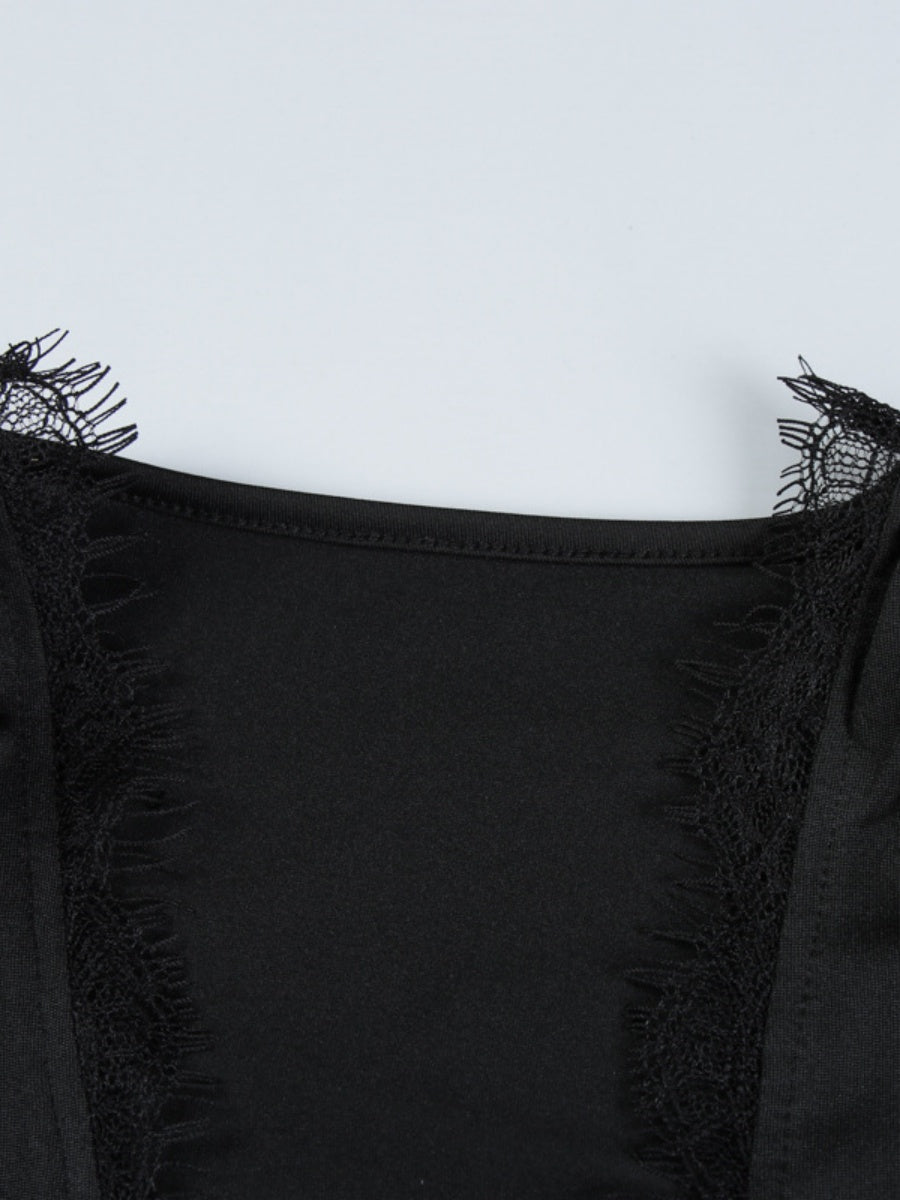 V-neck Black Lace Long Sleeve Pleated Tight Fit Formal Evening Long Dress