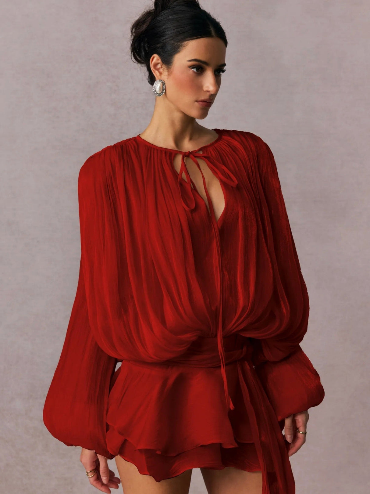 V-neck Straps Crimp Ribbon Wood Ear Solid Color Mini&Short Dresses