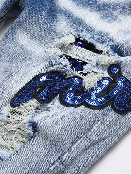 Punk Blue Heavy Craftsmanship Slim Stretch Ripped Patch Skinny Jeans