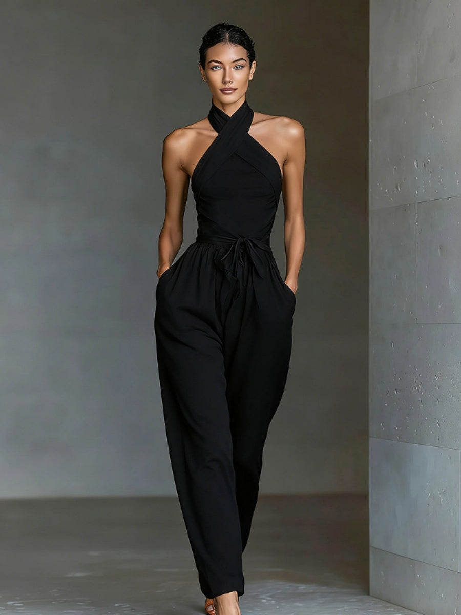 Lace-up Linen Cross-strap Wide-leg Jumpsuit