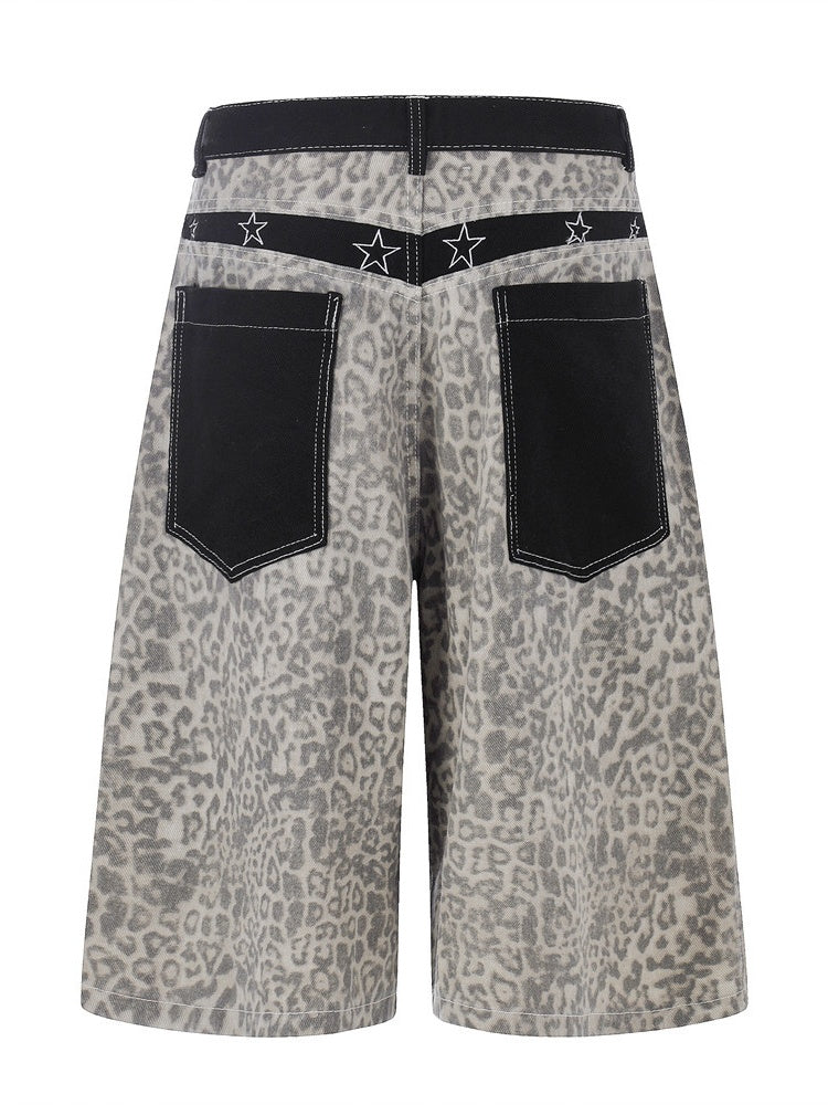 Retro Leopard Print Work Clothes Color-blocked Embroidery 7 Points Jeans
