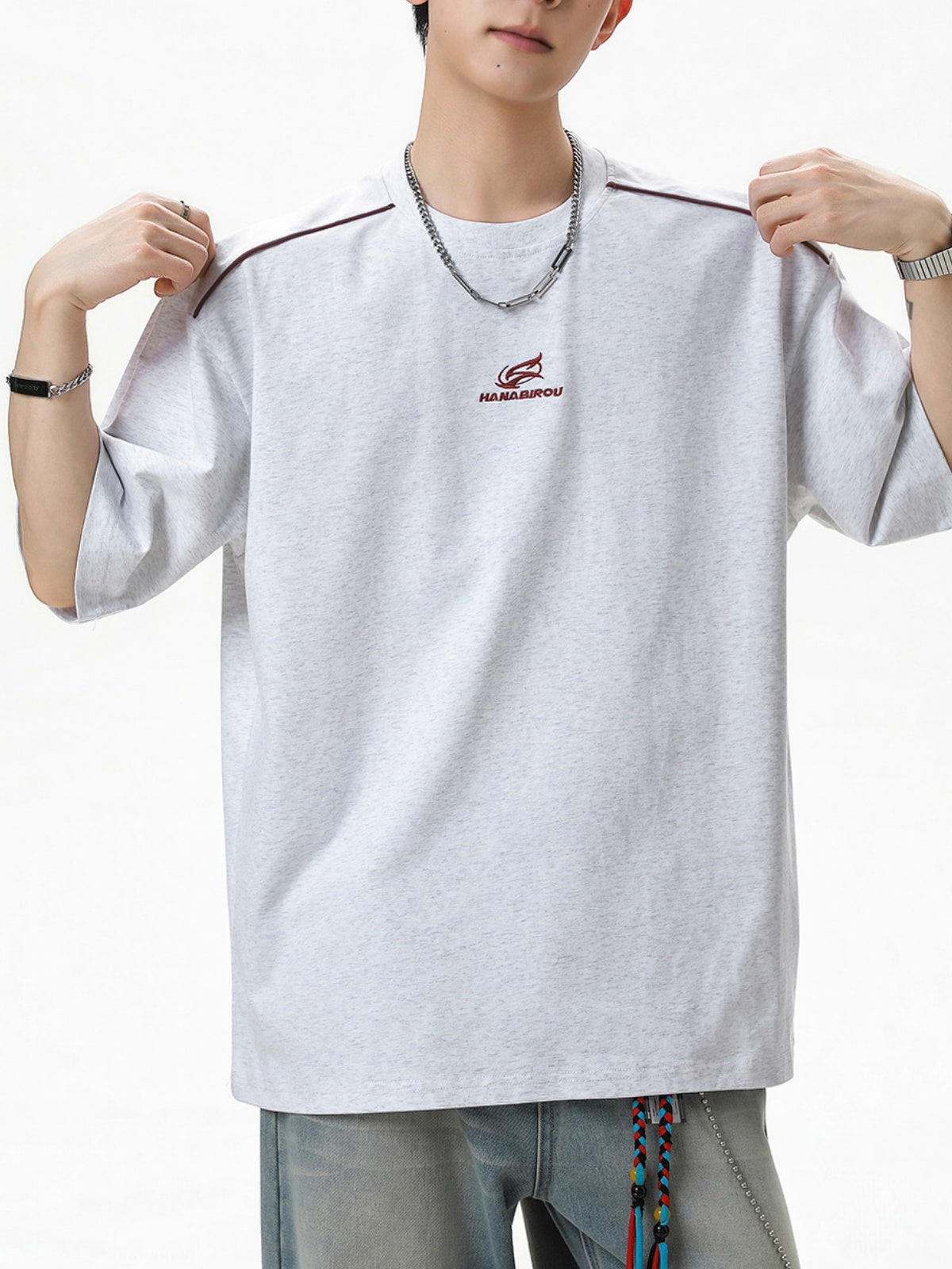 Reflective Strips Letter Applique Loose-fit Distressed T-shirts