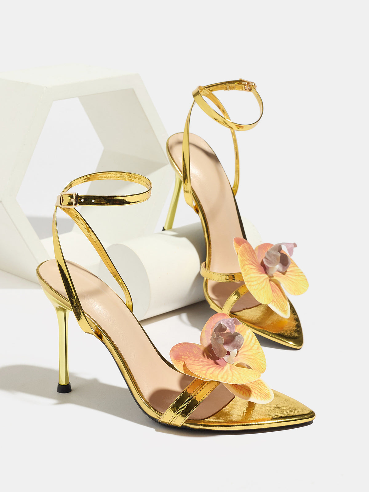 3D Floral Gold High-heeled Sandals