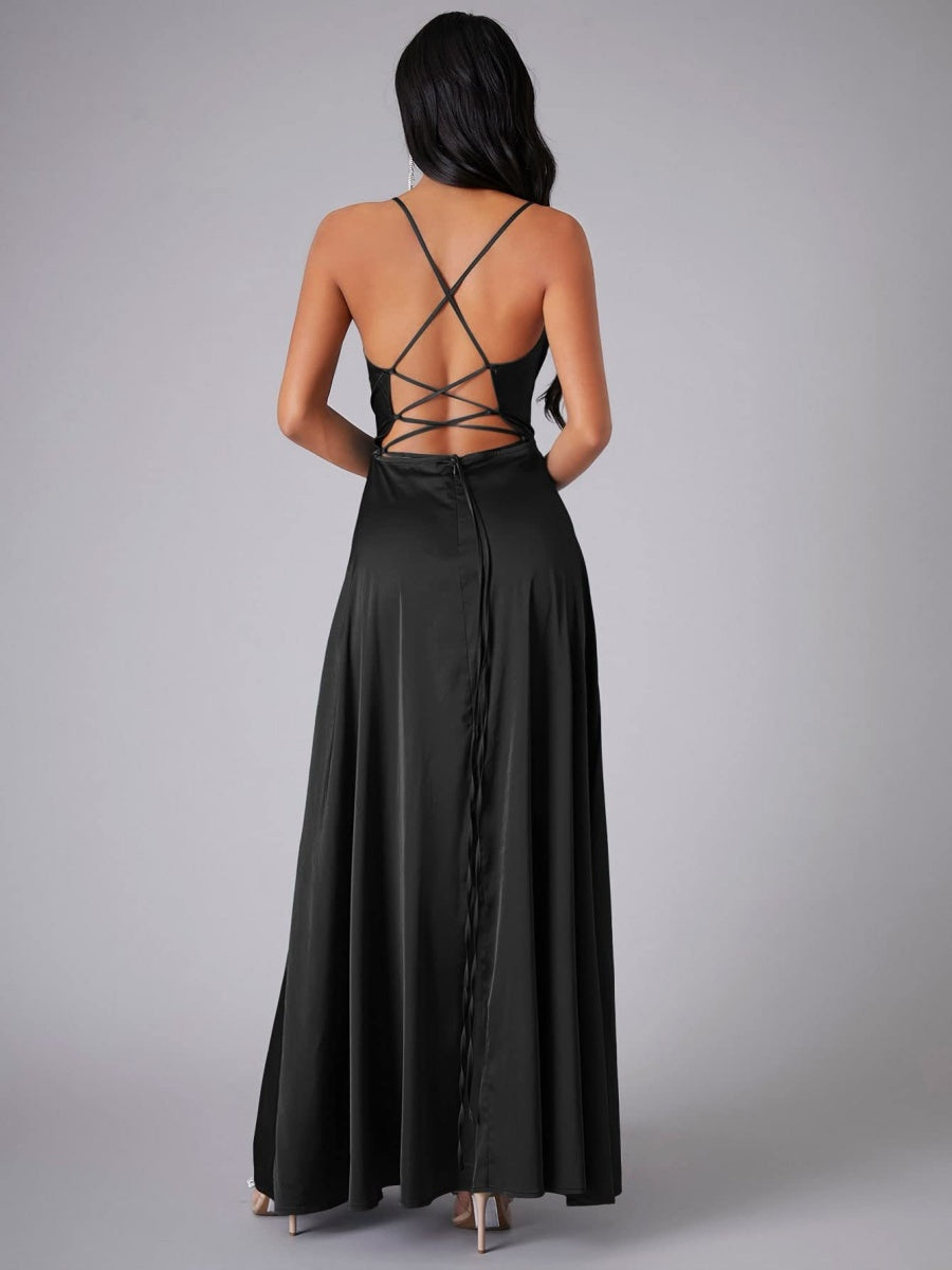 Backless Bandage Draped Collar Satin High Slit Bridesmaid Dresses Cocktail Party Maxi Dresses