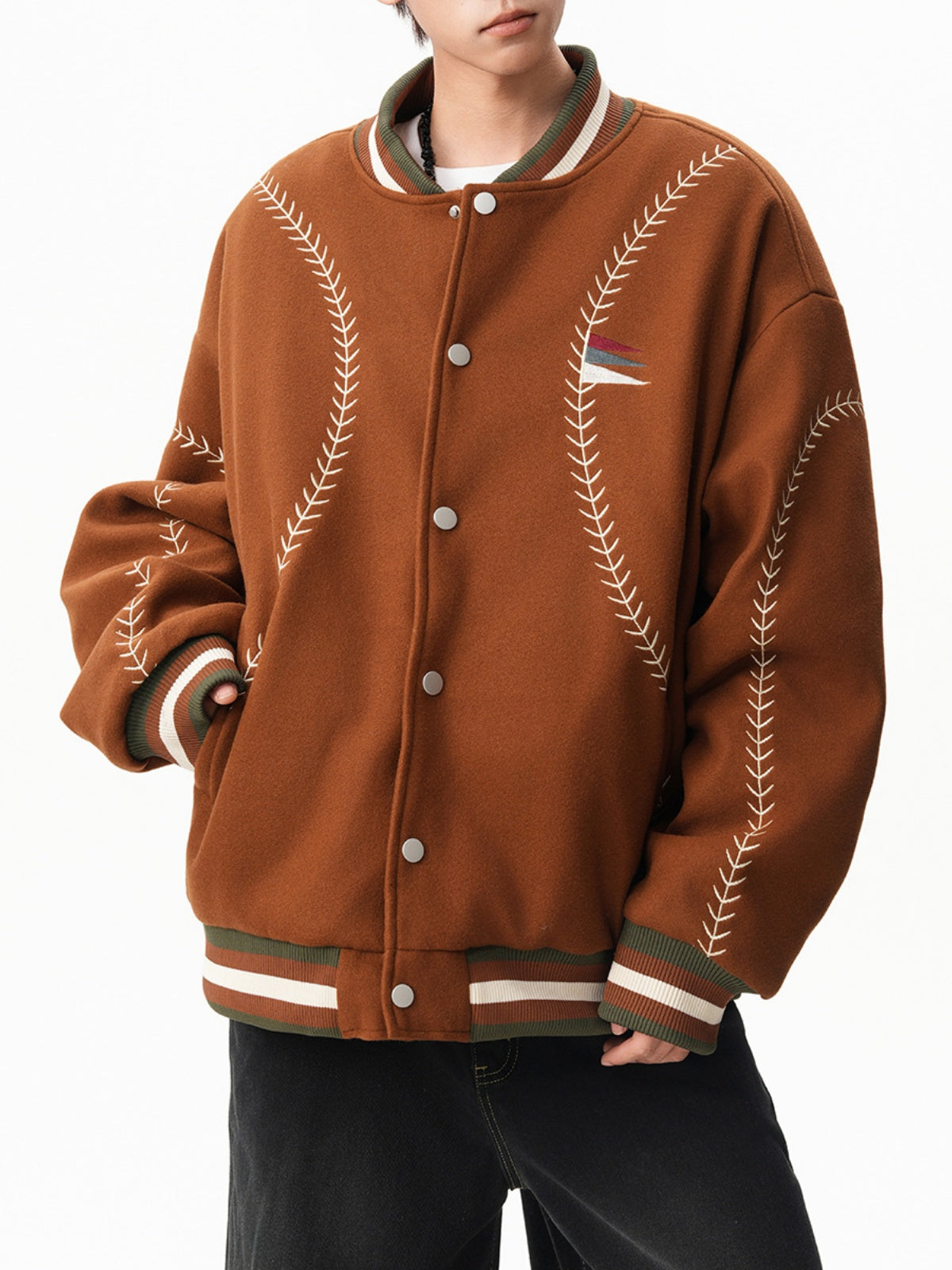 Ethnic-Embroidered Wool-Blend Varsity Jacket