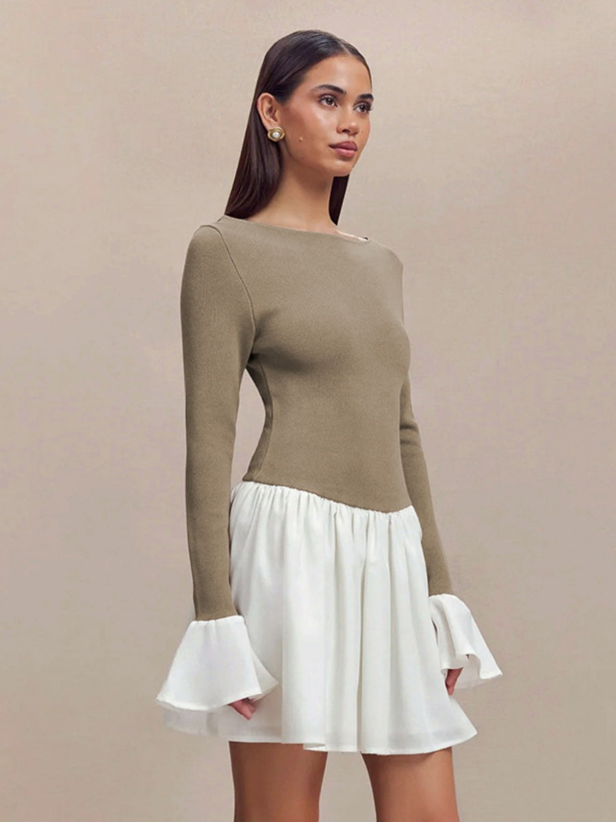 Long Sleeves Contrasting Colors Splicing Ruffled Short Dress