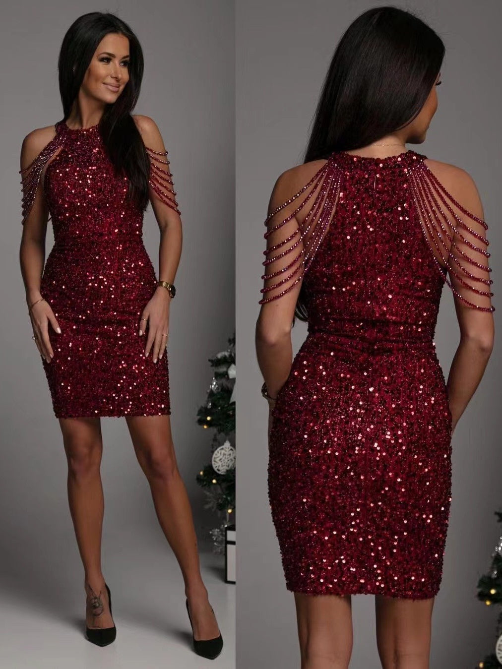 Halter Neck, Off-shoulder, Tassel, Bodycon, Crystal-trimmed Sequined Short Dress