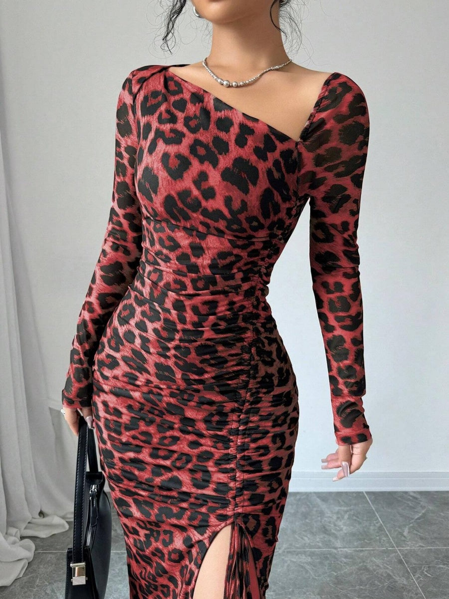Long-sleeved, Slim-fit Leopard Print Drawstring Bodycon Top Mini&Short Dresses
