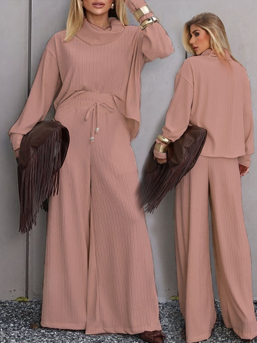 Blended Loose Jacquard Stand Collar Long Sleeves Two-piece Straight-leg Trousers