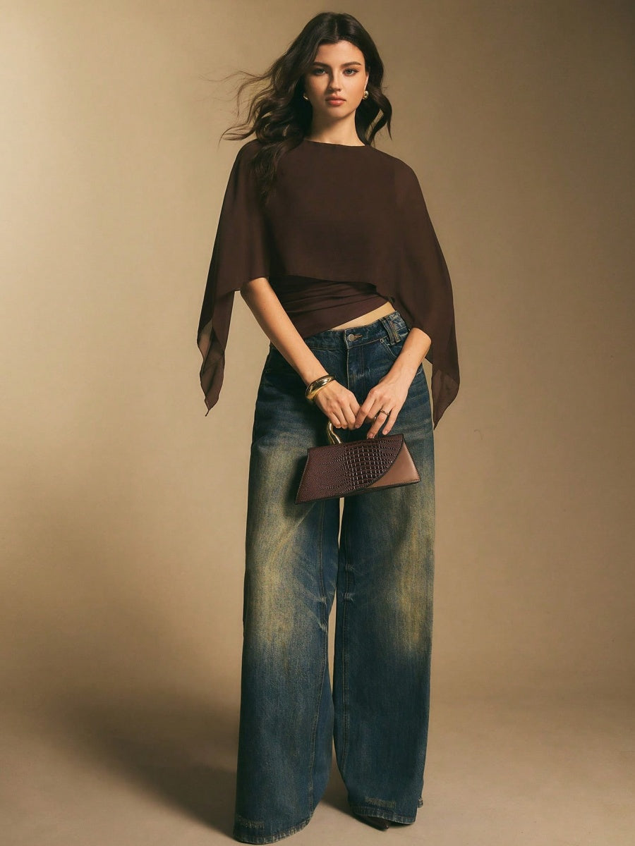 Cape-sleeve T-shirt, Round Neck, Loose Chiffon Cover-up, Elegant Irregular Top/T-shirt