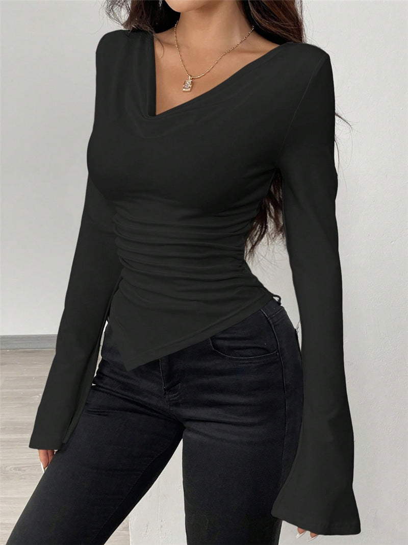 V-neck, Off-shoulder, Two-way Design, Slim Fit, Pleated, Irregular Long-sleeved T-shirt