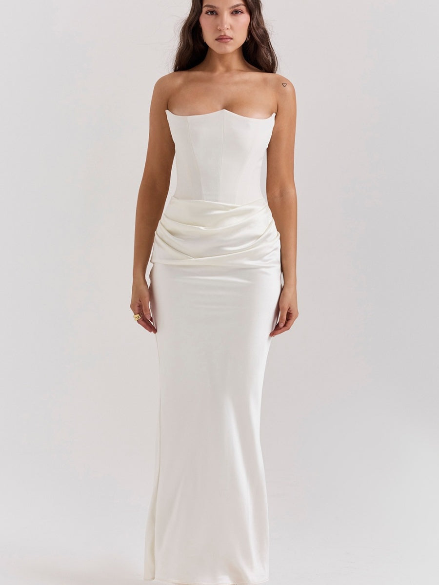 Strapless Satin Fishbone Decoration Crimp Splicing Hip-hugging Dinner Cocktail Midi Dress