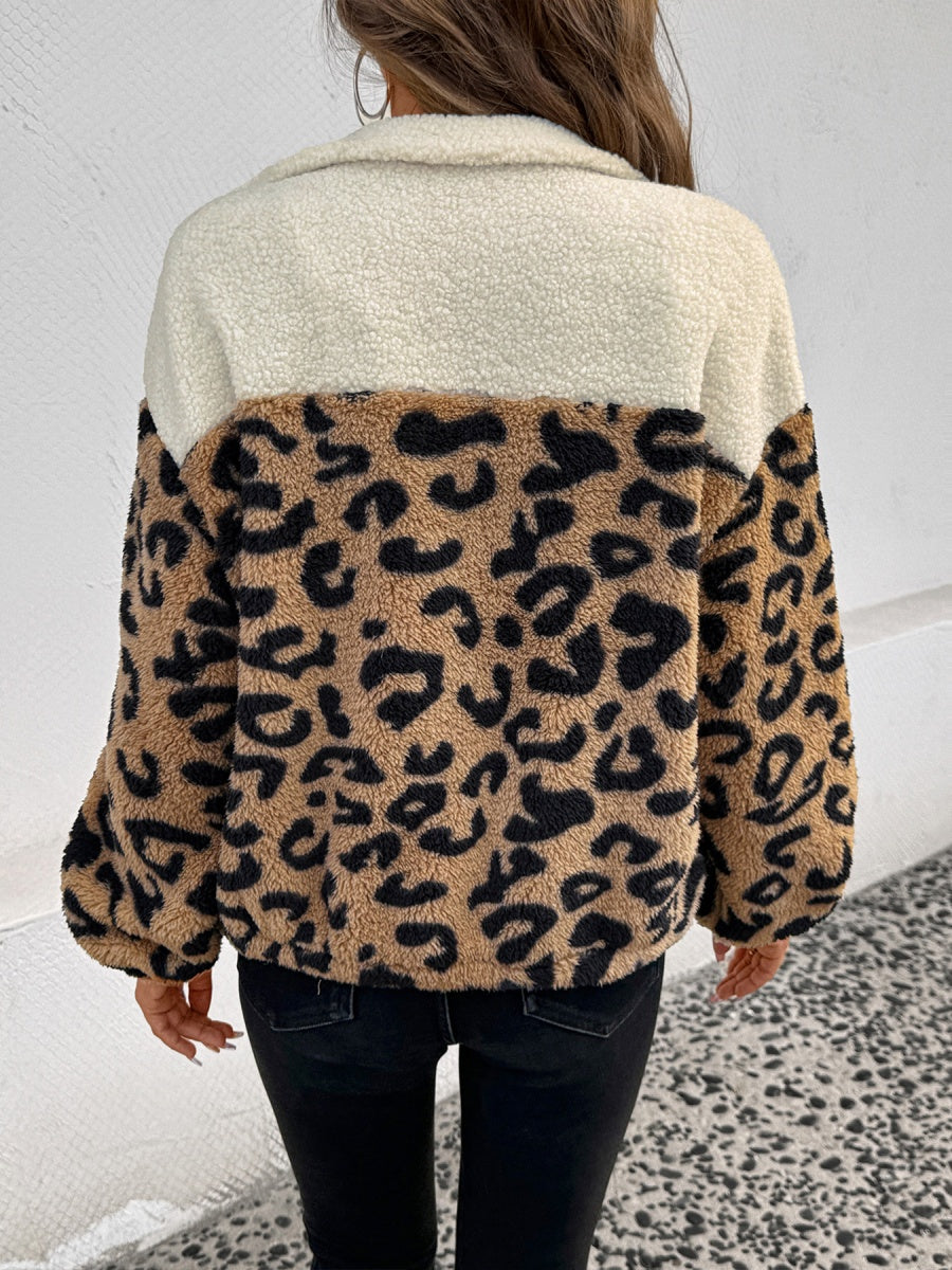 Splicing Zipper Leopard print apricot pocket jacket