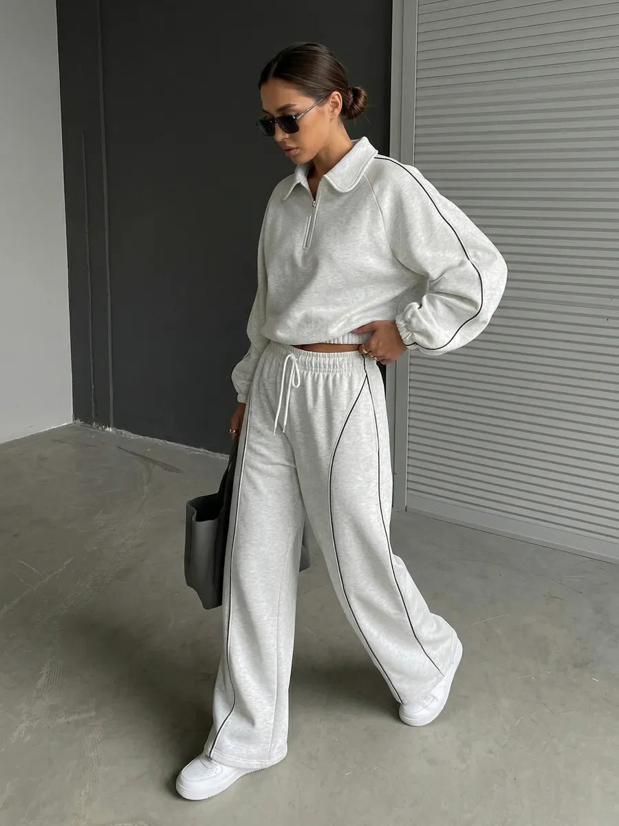 American Retro Color-blocked Striped Tracksuit For Women Two-piece Set: Collared Half-zip Sweatshirt And High-waisted Wide-leg Sweatpants