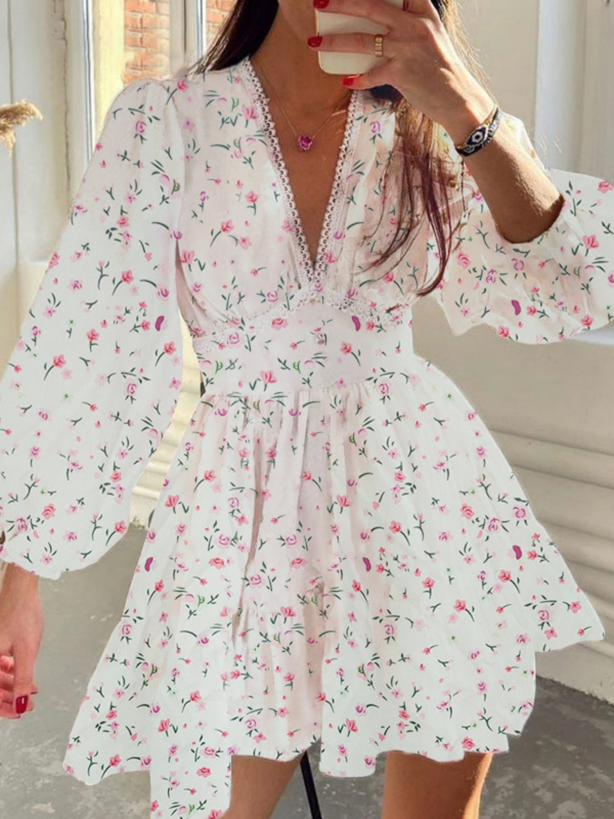 Floral Lace Deep V-neck Waist Puff Sleeve Sweet Mini&Short Dresses