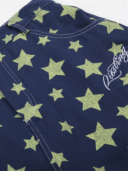 Full Print Star Loose-fit Wide Leg Work Clothes Five Points Shorts