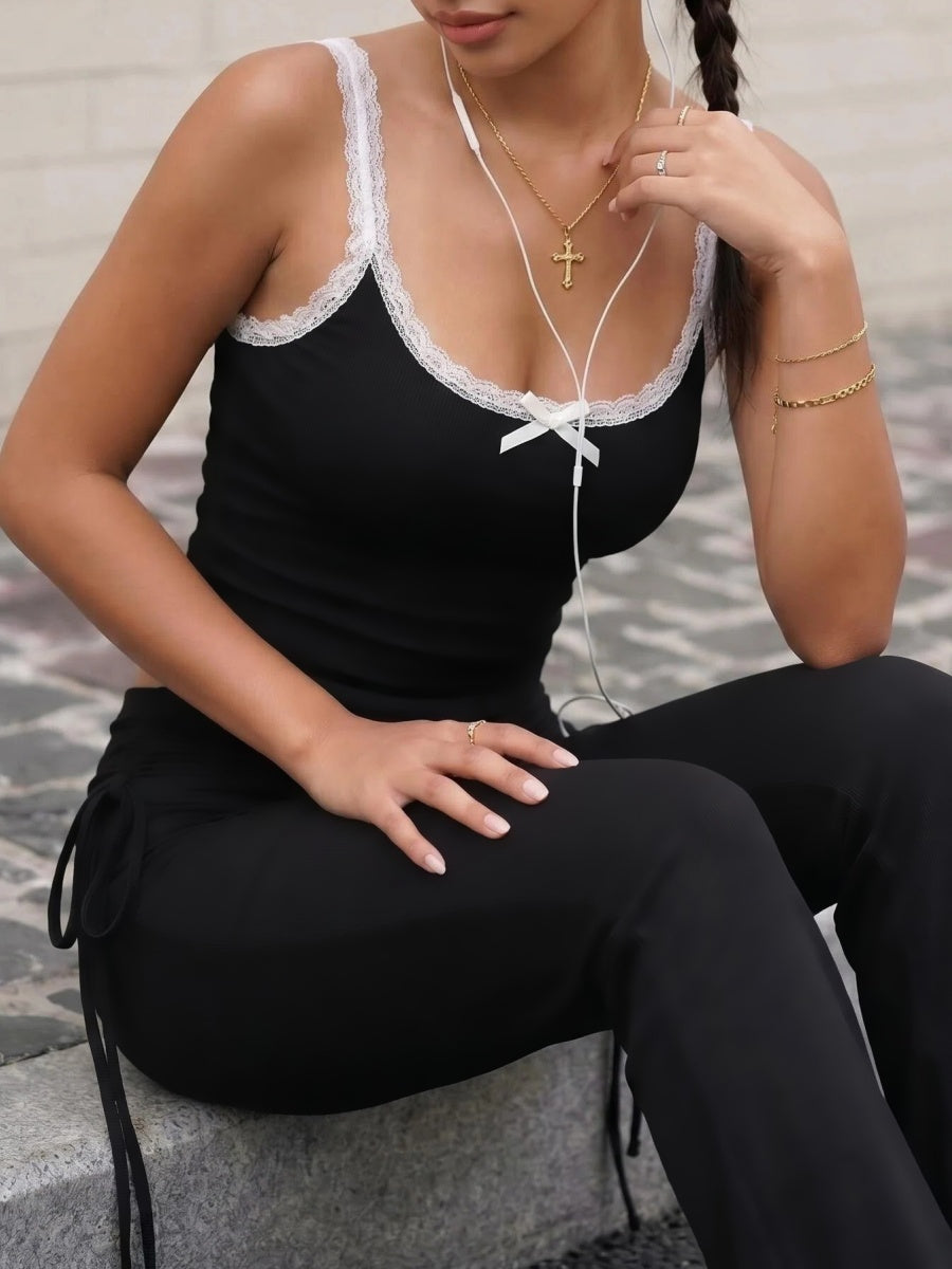 Sweet Lace Patchwork Vest Pants Sports Leisure Set 2-piece Sets