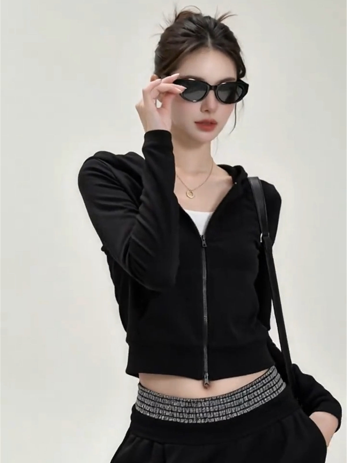 Korean Style Black Hooded Sweatshirt Wide-leg Tracksuit