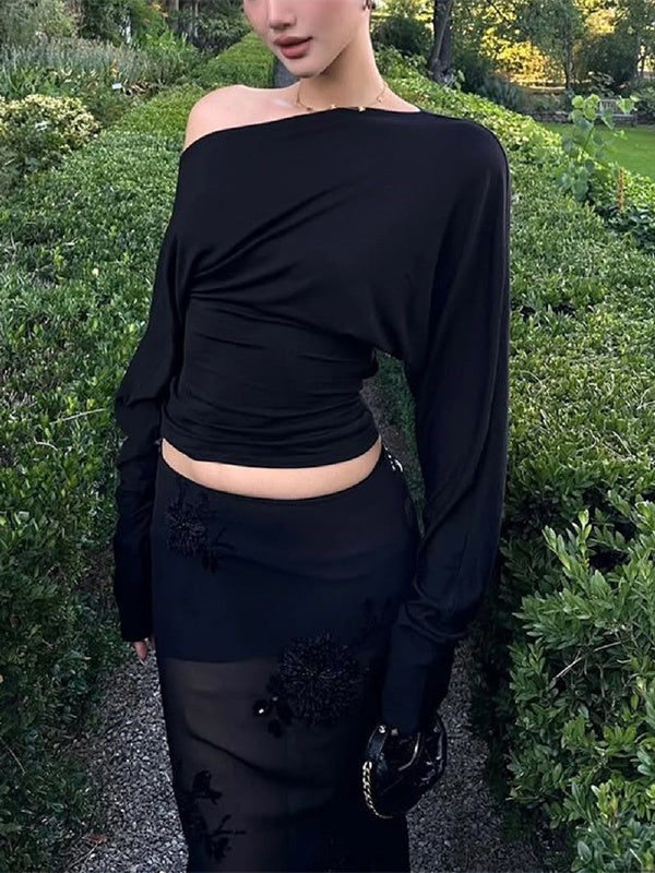 Fashionable Street Style Off-shoulder Long-sleeved Slim-fit T-shirt