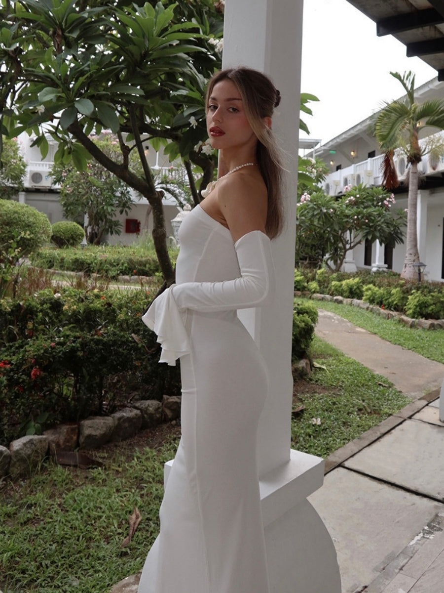Off-shoulder Long Sleeves Hip-hugging Bodycon Long Dress