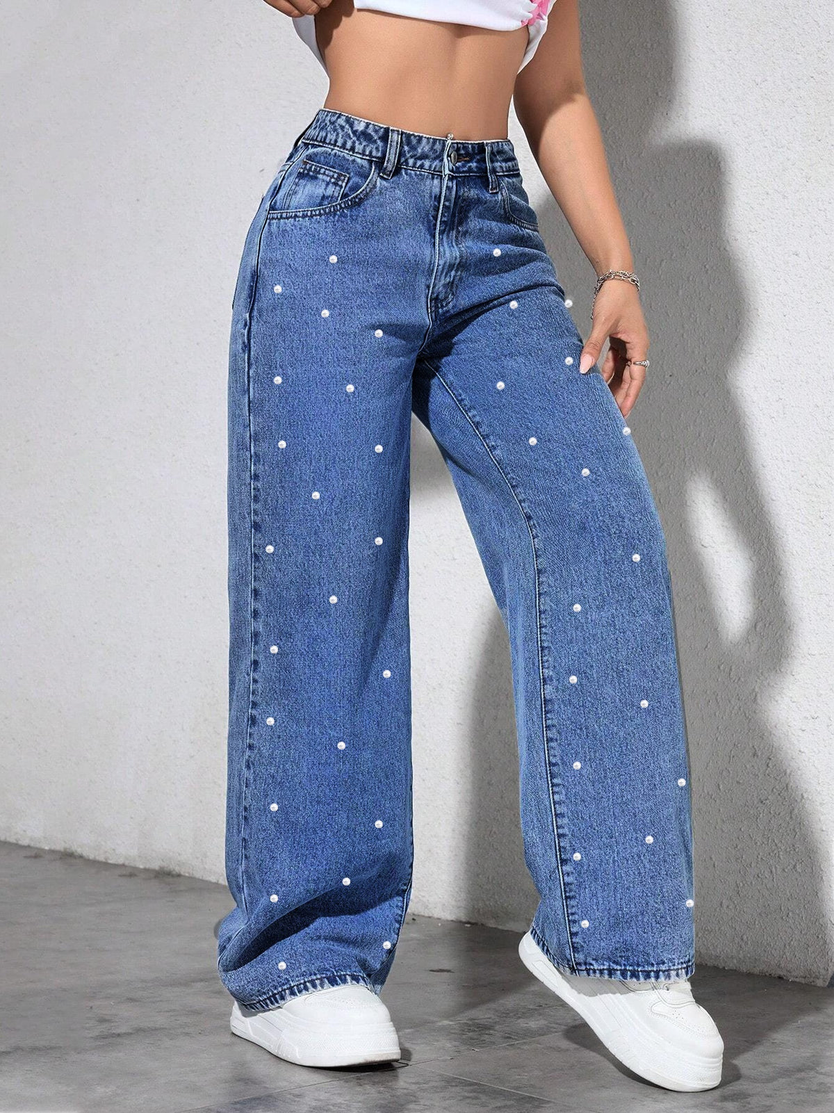 Women's Autumn/Winter Pearl-Embellished Wide-Leg Jeans