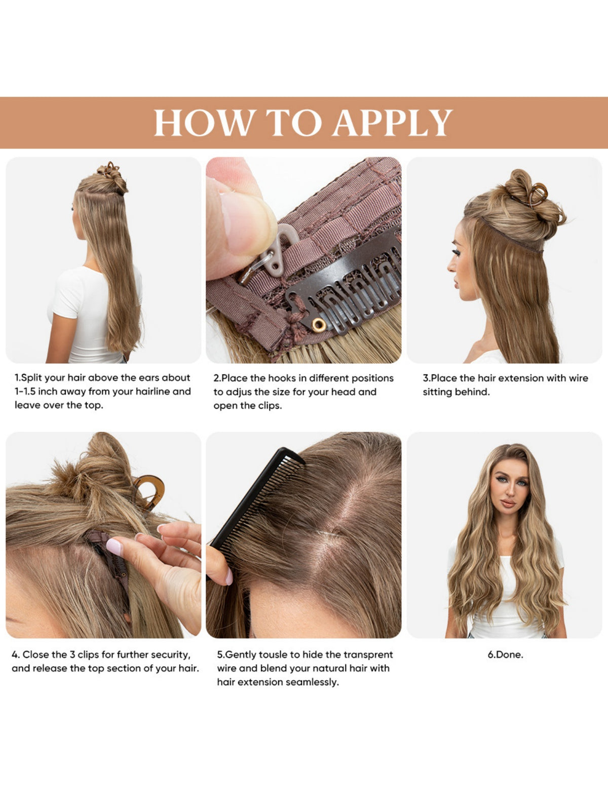 One-piece Hairpiece, Long Wavy Curls, Seamless Synthetic Fiber Wig