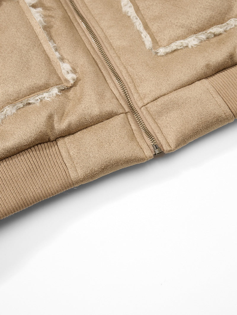 Letter Embroidery Suede Plush Collared Jacket