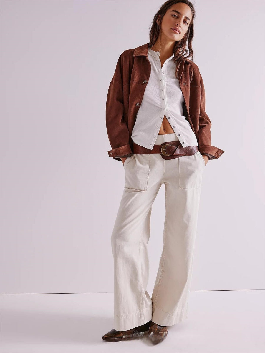 Straight-leg Pants With Contrasting Stitching Big Pocket Elastic Waistband Daily Work Jeans