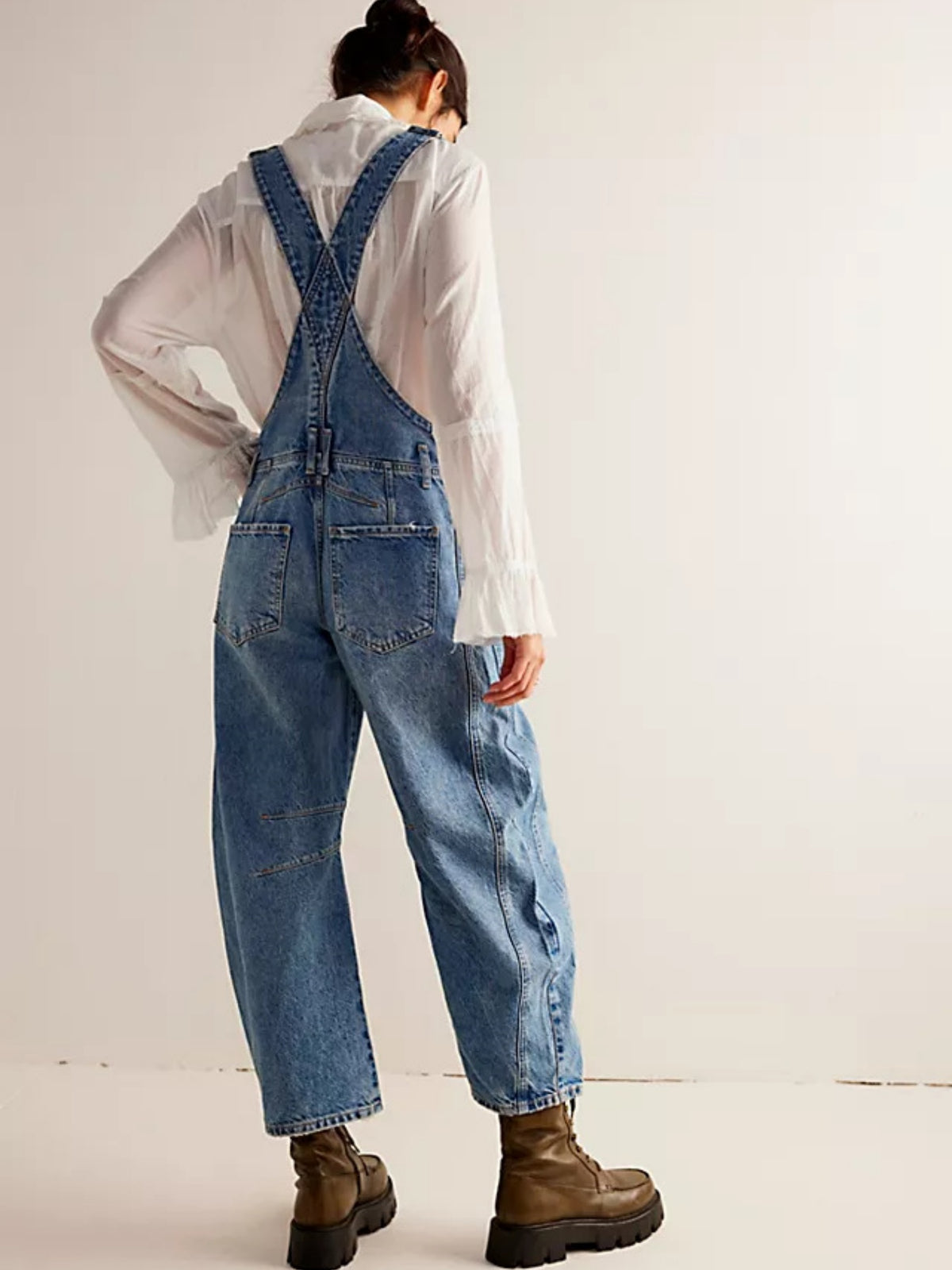 Washed Vintage Loose Straight-leg Cargo Denim Overalls