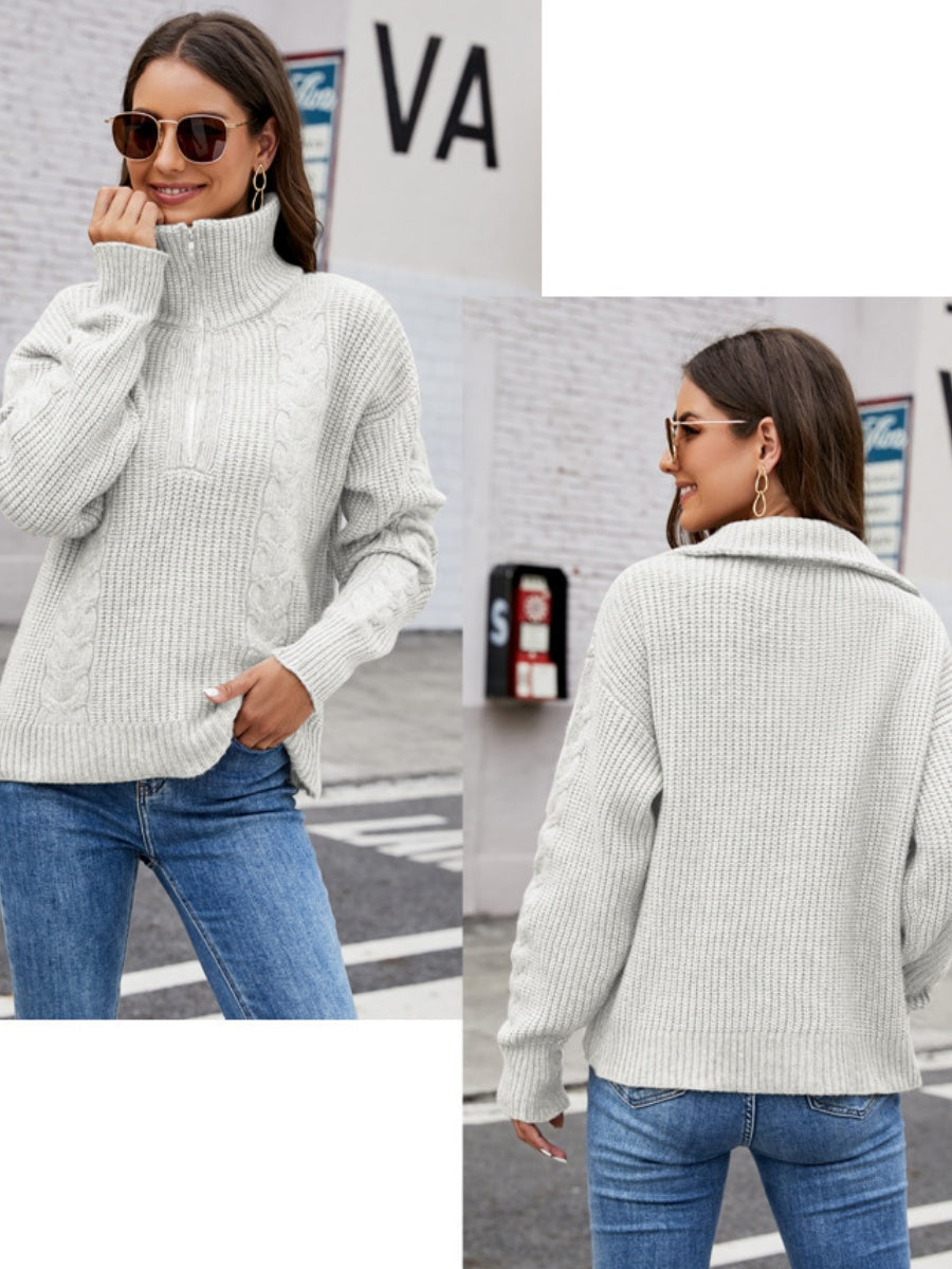 Liber Autumn Women's Zipper Sweaters Color Mixing Long sleeve Lapel Short top