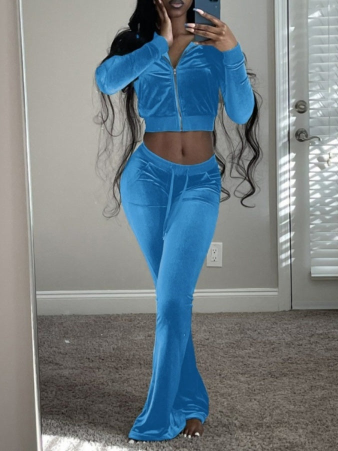 Velvet Splicing Sexy Long-sleeved Casual Navel-baring Top 2-piece Sets
