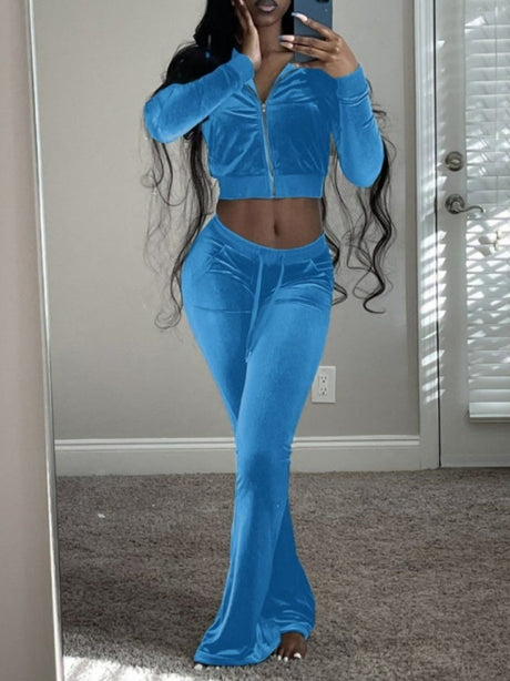 Velvet Splicing Sexy Long-sleeved Casual Navel-baring Top 2-piece Sets