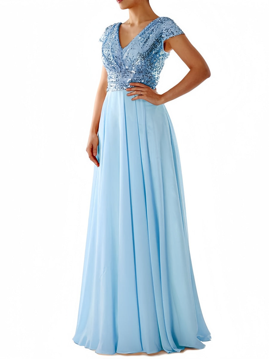 V-neck Sequins Spliced Long Dress