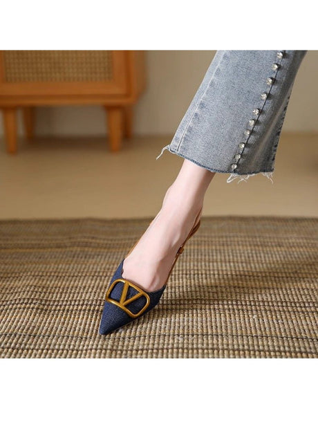Liber Spring and Autumn Denim Metal Buckle Women's High Heels
