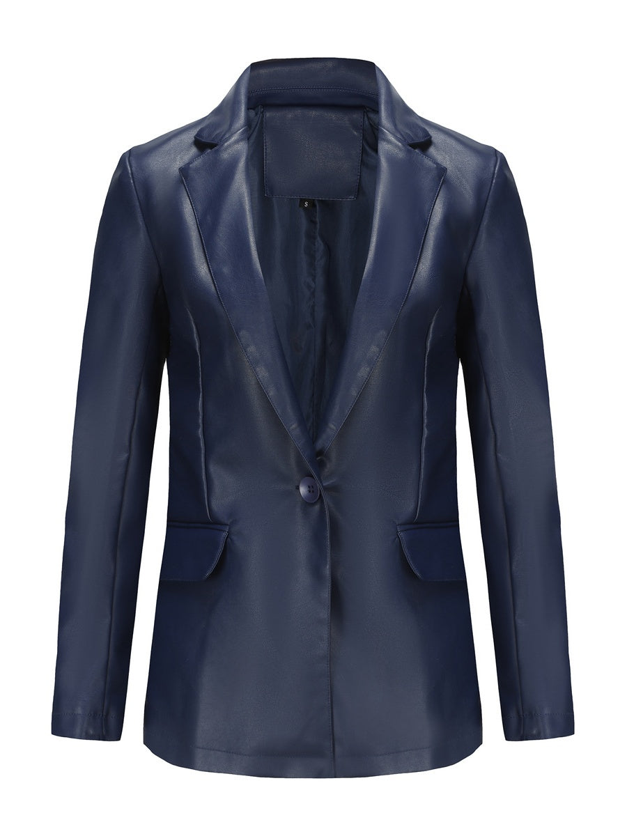 Single Button Pocket Solid Color Leather Jacket