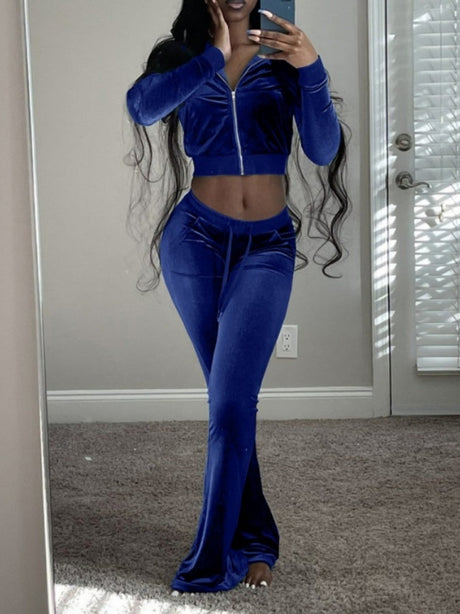 Velvet Splicing Sexy Long-sleeved Casual Navel-baring Top 2-piece Sets