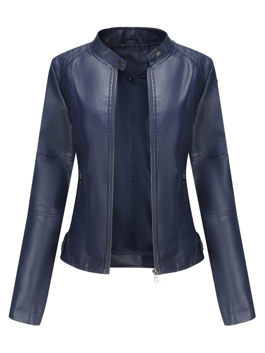 Veste en cuir à col montant et fermeture éclair, style urbain décontracté