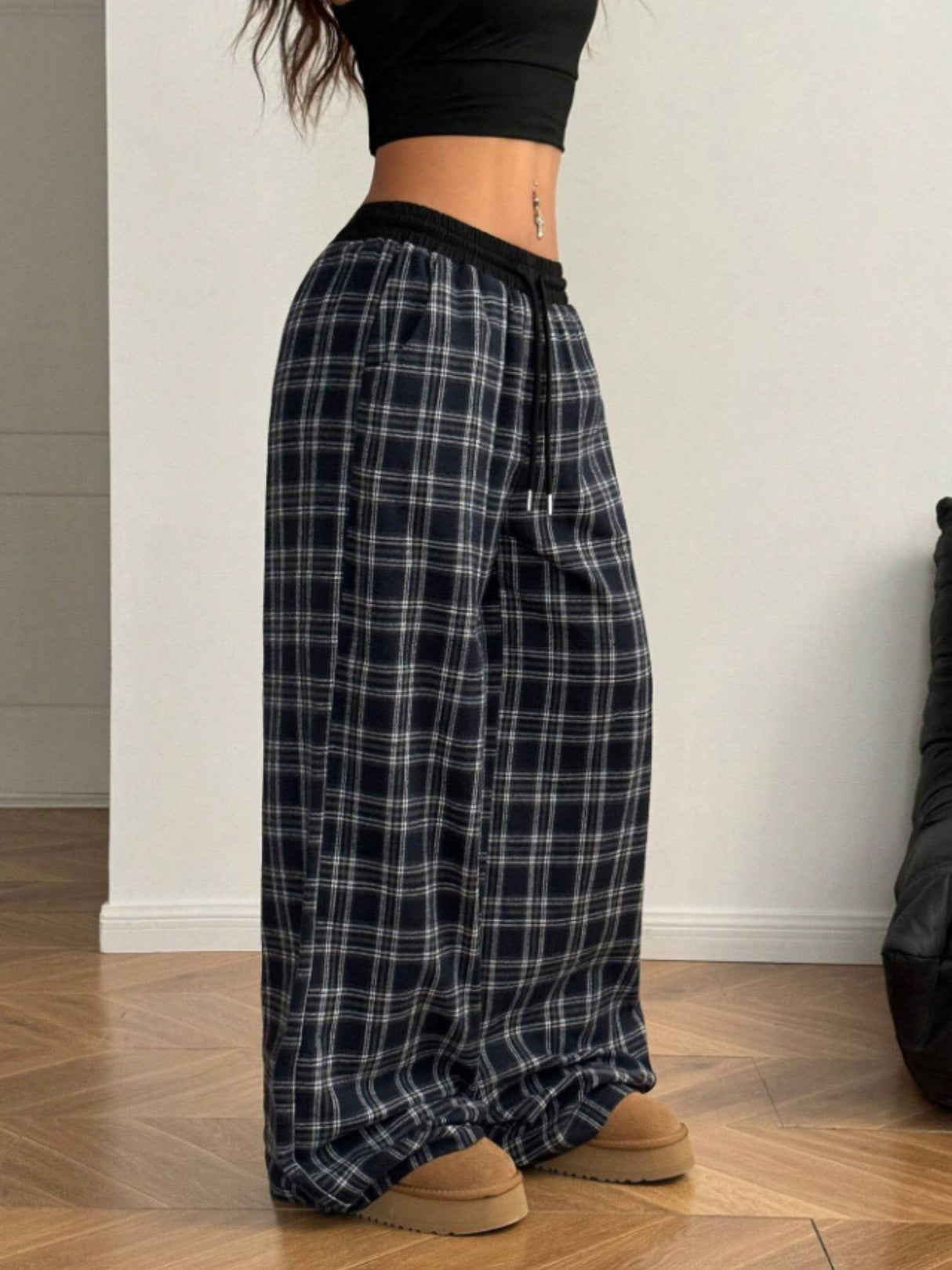 Plaid Drawstring Retro Drape Wide-leg Plaid Pants Elastic Waist Comfortable Straight Trousers