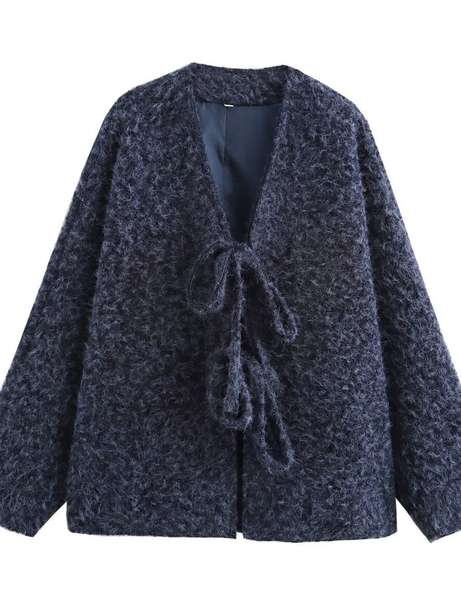 Loose V-neck tie knit cardigan